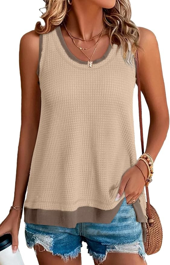 BLENCOT Women's Tops Waffle Knit Summer Tank Tops Casual Scoop Neck Sleeveless Loose Tunic Shirts | Amazon (US)