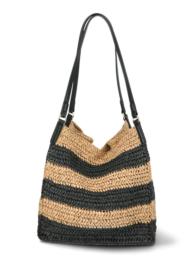 Time and Tru Women's Packable Straw Tote, Stripe | Walmart (US)