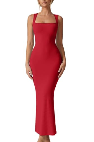 QINSEN Women's Square Neck with Lace Detail Long Maxi Dress Sleeveless Lounge Ribbed Full Length ... | Amazon (US)