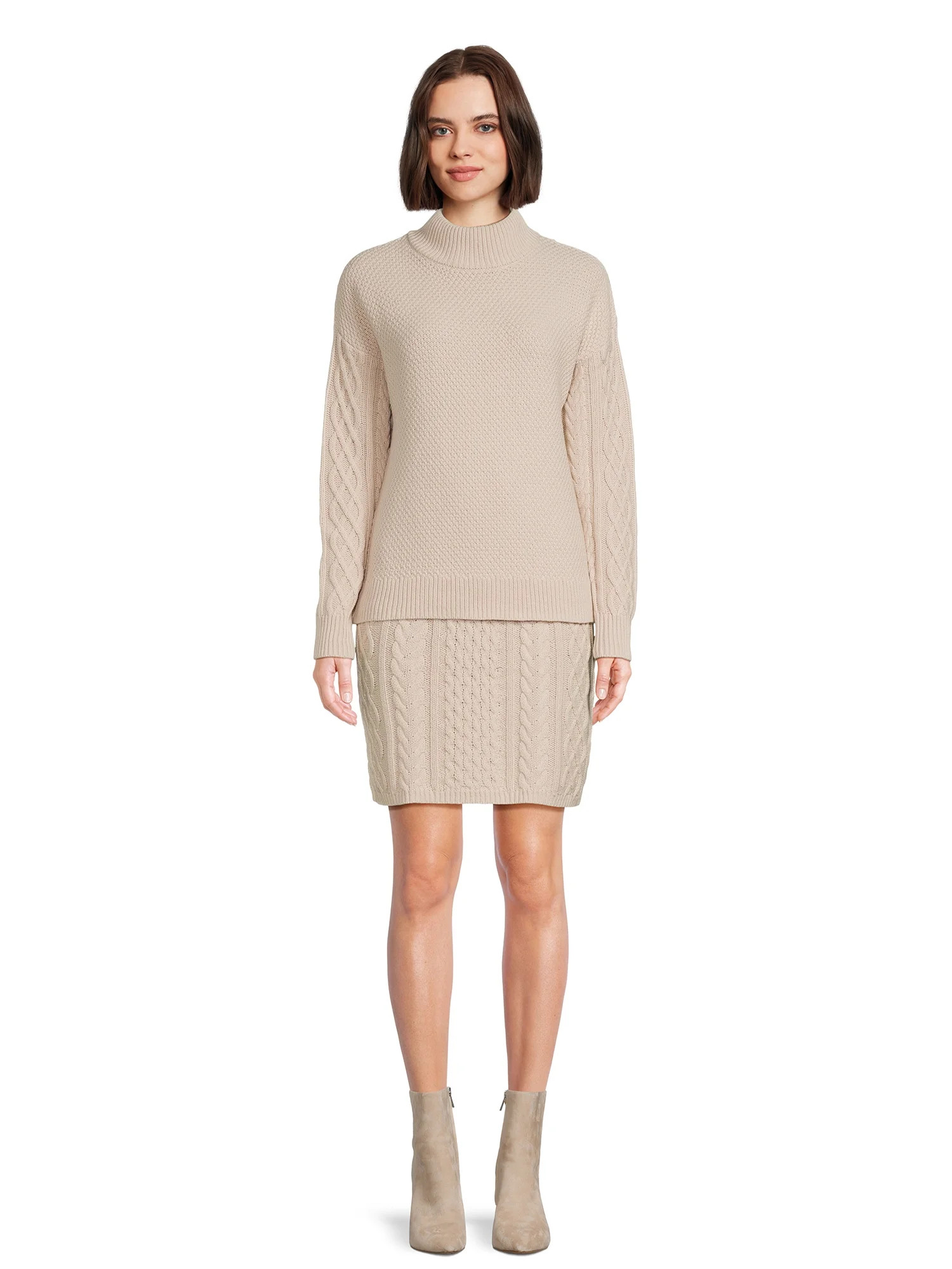 Time and Tru Women's Mock Neck Cable Knit Sweater and Skirt Set, 2-Piece, Sizes XS-XXXL | Walmart (US)