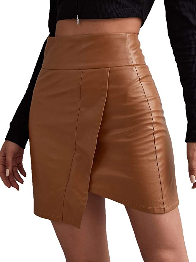 Floerns Women's Solid High Waist Asymmetrical Hem Bodycon PU Leather Skirt | Amazon (US)