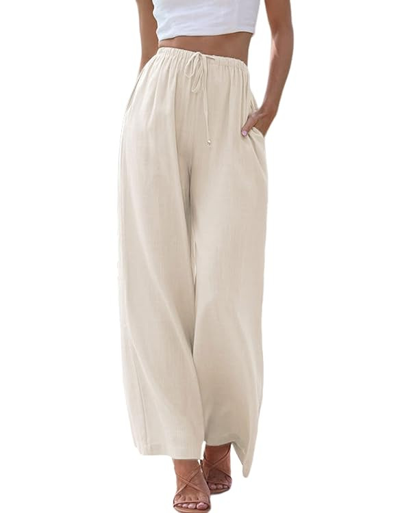 Tanming Wide Leg Linen Pants for Women Summer Flowy High Waisted Beach Palazzo Trousers | Amazon (US)