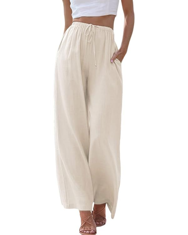 Tanming Wide Leg Linen Pants for Women Summer Flowy High Waisted Beach Palazzo Trousers | Amazon (US)