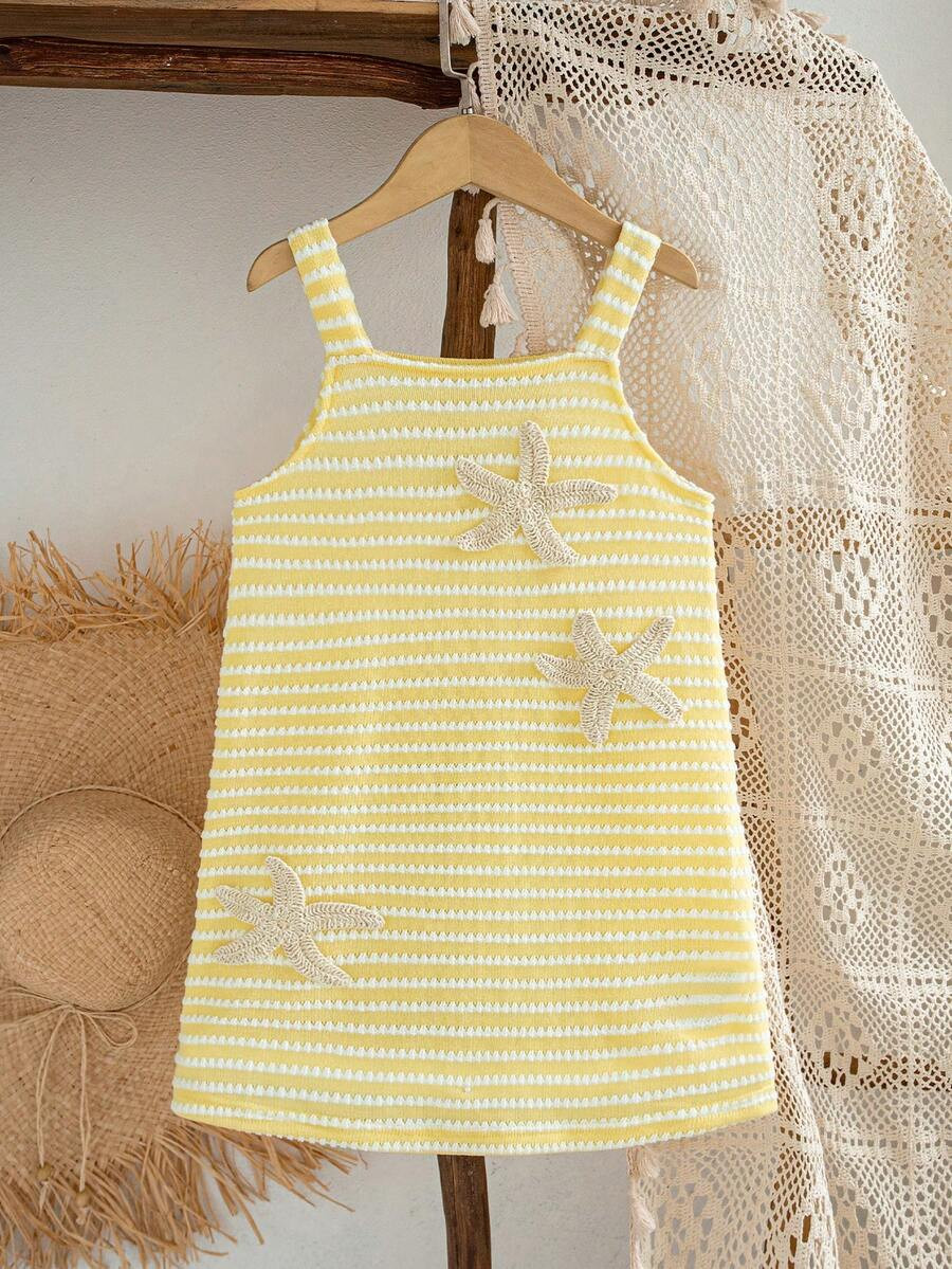 SHEIN Genkimix Kids 1pc Girls Y2K Summer Casual Crochet Fabric Dress,Yellow & White,Starfish Deco... | SHEIN