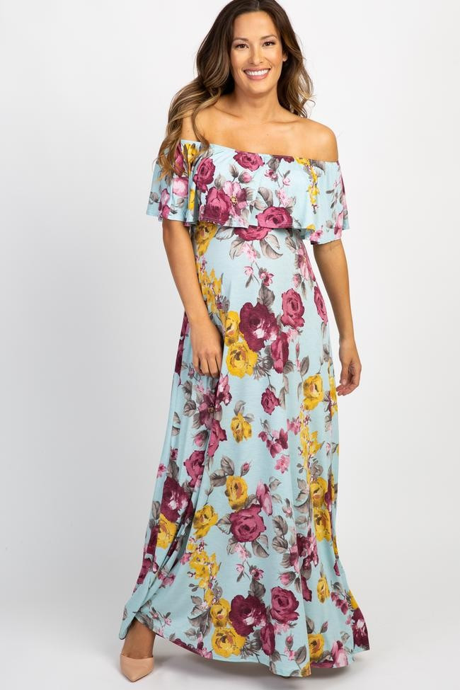 PinkBlush Light Blue Rose Off Shoulder Maternity Maxi Dress | PinkBlush Maternity