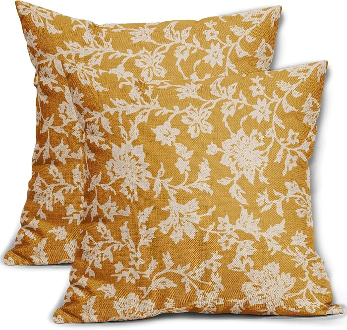 Mustard Yellow Floral Pillow Covers 18x18 Set of 2 Cream Vintage Flower Block Print Pattern Decor... | Amazon (US)