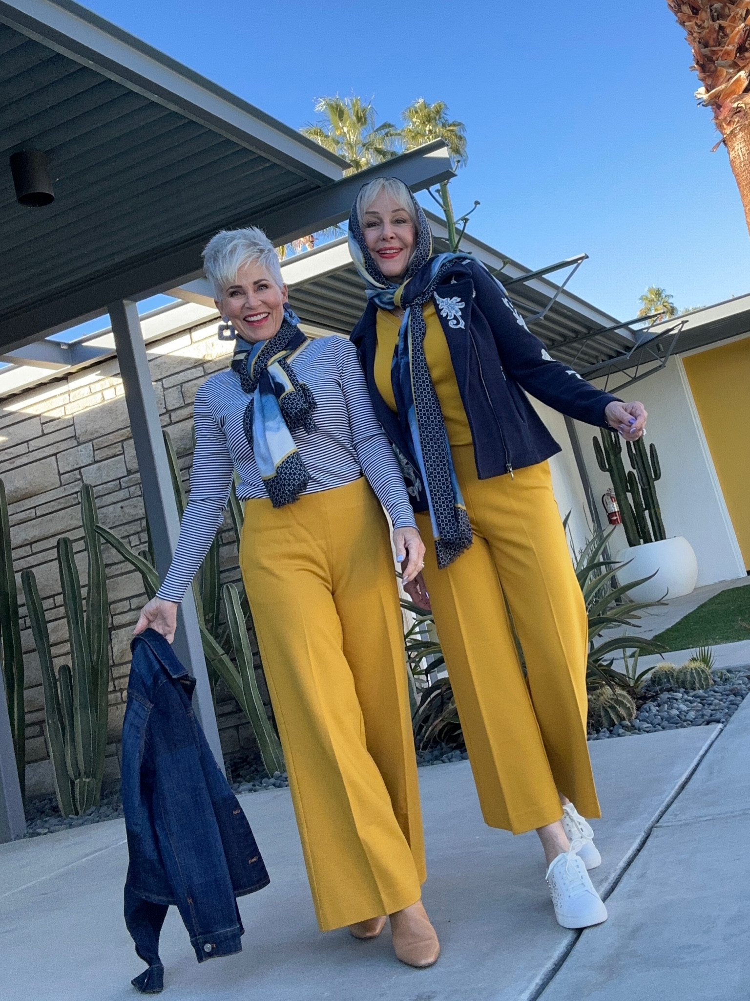 Ponte wide leg ankle pants worn 2 ways. Stripe long sleeve t-shirt, solid yellow t-shirt. Navy embroidered moto jacket or a patchwork denim jacket. Add a scarf for extra style. So many options, you choose. 
All on sale this weekend at 25% off. 

#LTKfindsunder100 #LTKstyletip #LTKsalealert