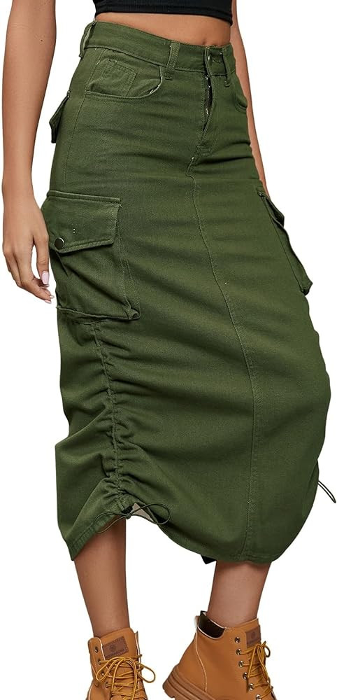 chouyatou Women's Y2K Cargo Skirt Jean Adjustable Casual A-Line Midi Long Denim Skirt | Amazon (US)
