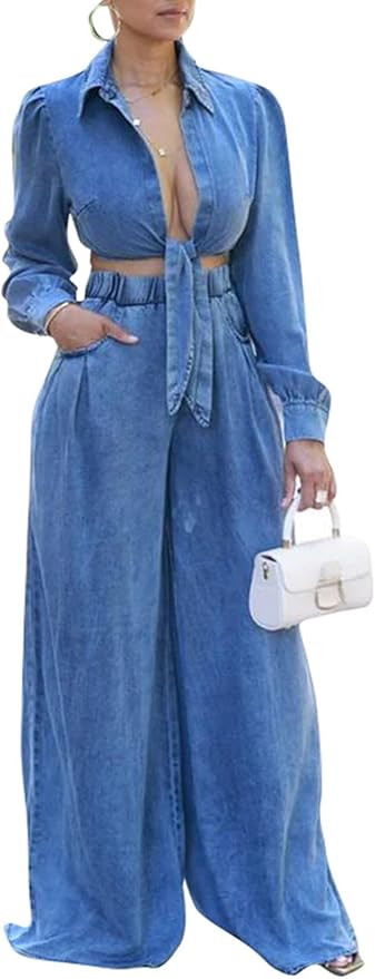 Voghtic Women's Sexy Denim 2 Pieces Outfits Fall Long Sleeve v Neck Crop Lace-Up Shirt Wide Leg P... | Amazon (US)