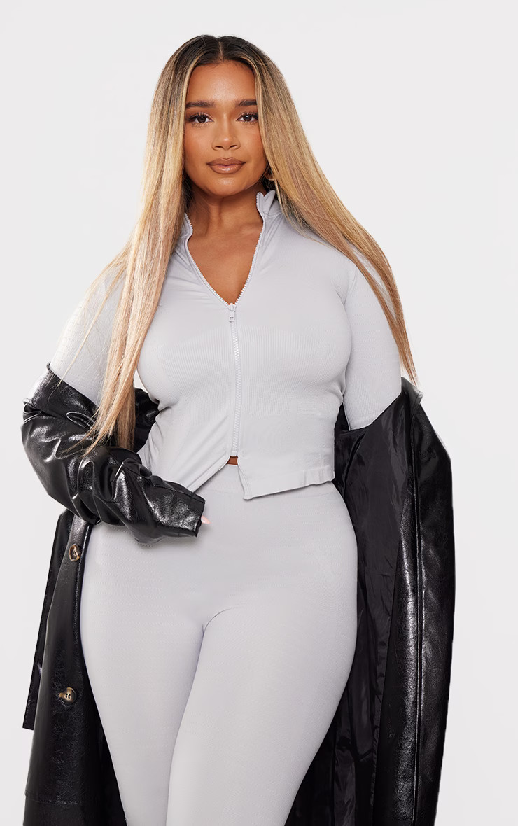 Shape Light Grey Badge Contour Zip Long Sleeve Gym Top | PrettyLittleThing US