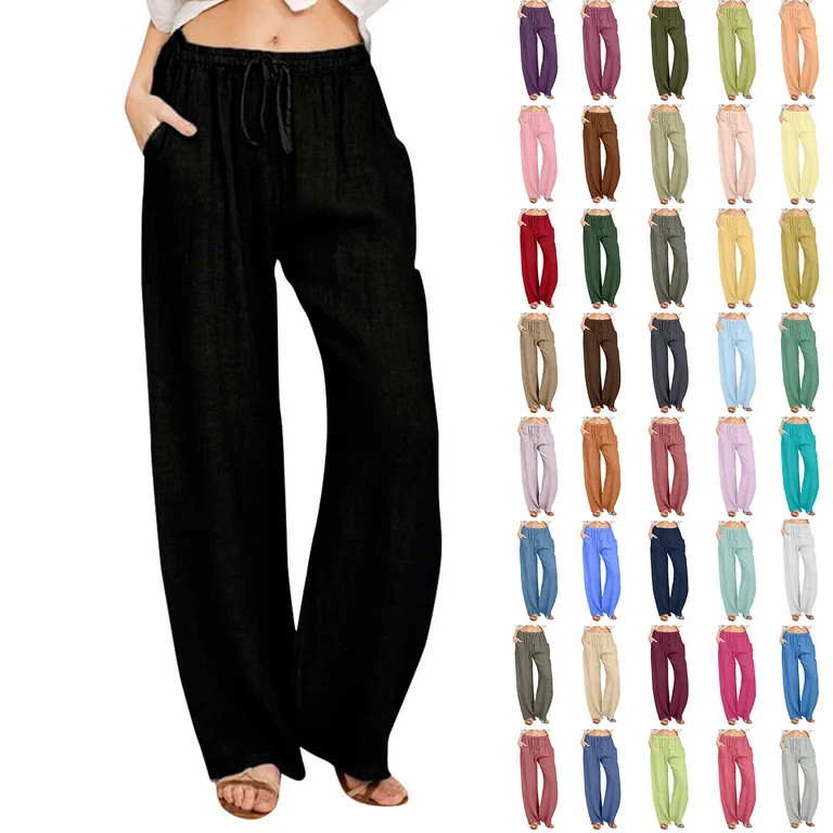 Womens Cotton Linen Pants Drawstring Waist Straight Leg Lounge Pants for Women Solid Color Slacks... | Walmart (US)