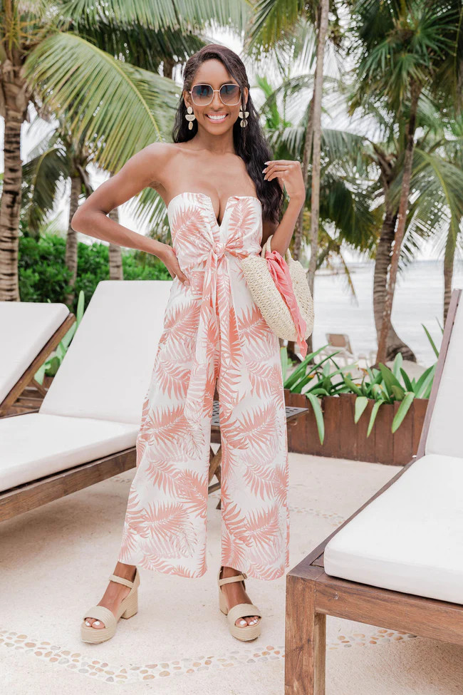 Beside You Pink Palms Strapless Jumpsuit | The Pink Lily Boutique