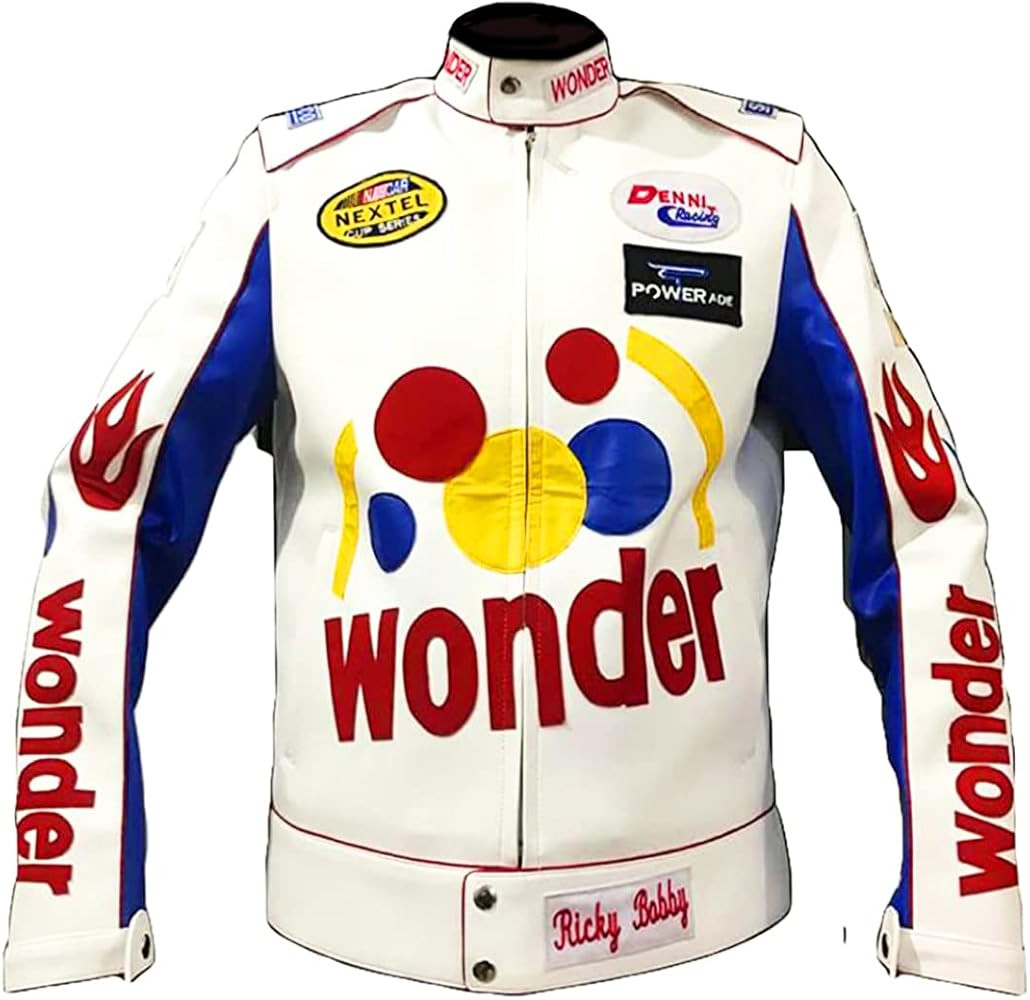Men's Ricky Bobby Racing Nights Wonder The Bread Speed White Leather Motorcycle Jacket | Amazon (US)