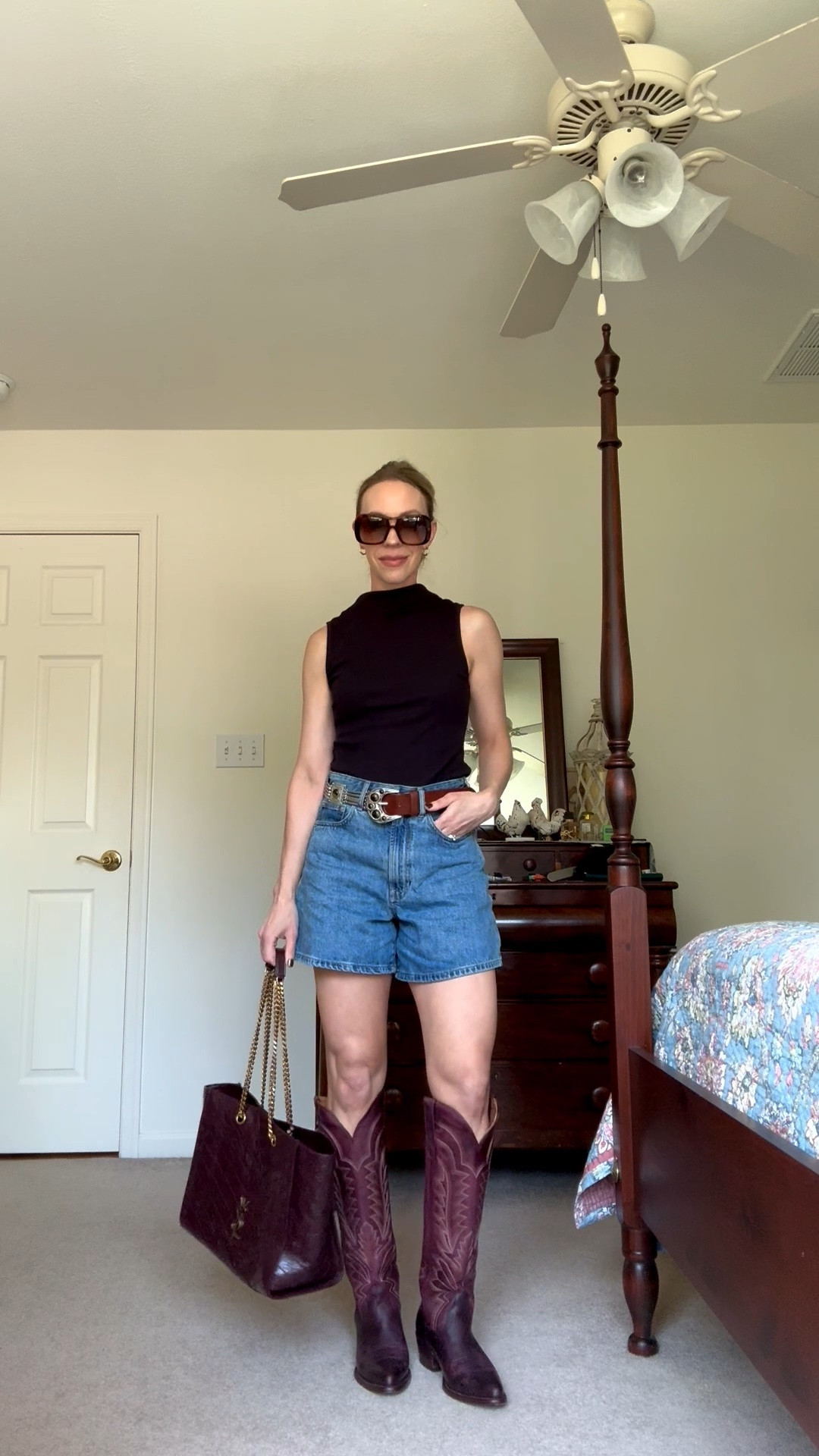 Western style outfit, denim shorts with cowboy boots, @Zara western belt, @Tecovas burgundy cowboy boots

#LTKSeasonal #LTKOver40 #LTKSaleAlert
