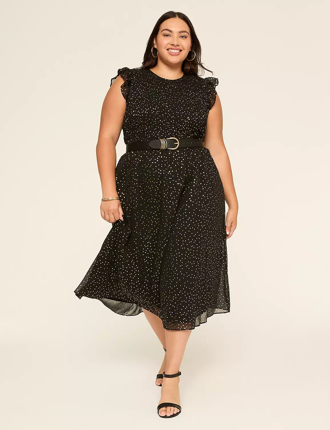 Foil Shimmer Flutter-Sleeve Smocked-Bodice Midi Dress | LaneBryant | Lane Bryant (US)
