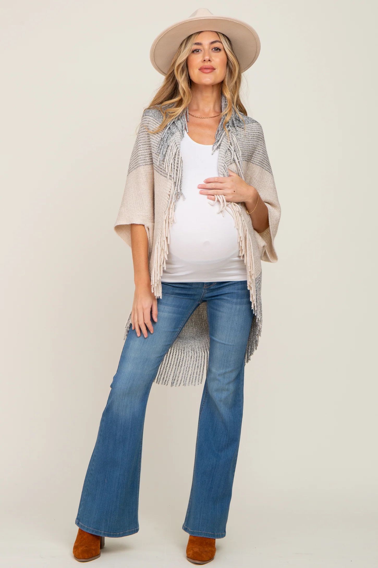 Beige Grey Fringe Knit Maternity Cover-Up | PinkBlush Maternity