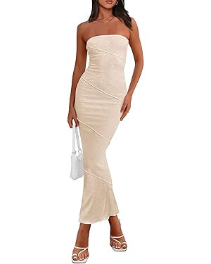 PRETTYGARDEN Women's Ribbed Maxi Bodycon Dress Summer Strapless Tube Y2K Party Club Long Dresses | Amazon (US)
