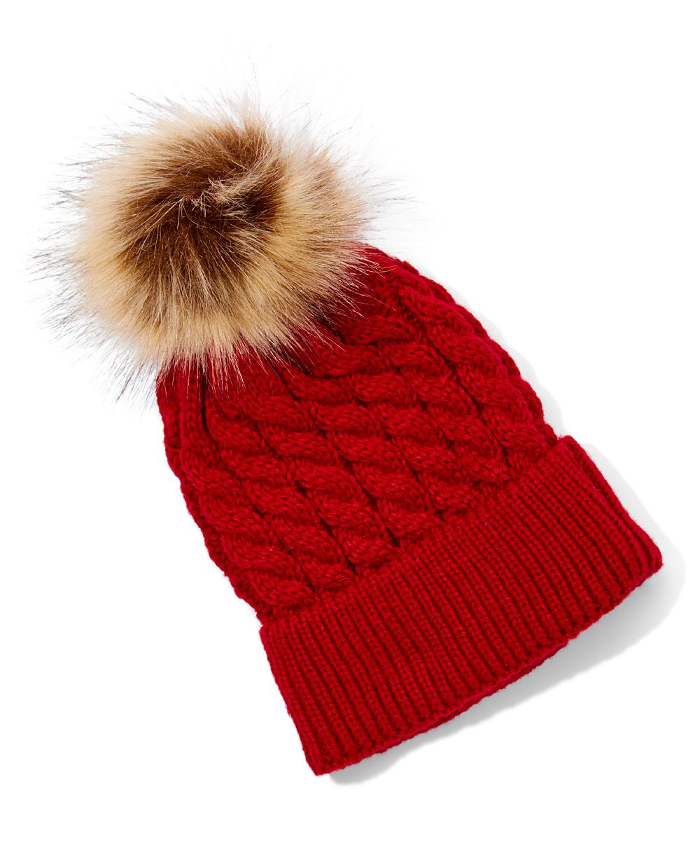 Red Knit Faux-Fur Pom-Pom Beanie - Newborn | zulily