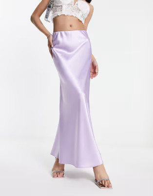 Miss Selfridge satin bias maxi skirt in lilac | ASOS (Global)