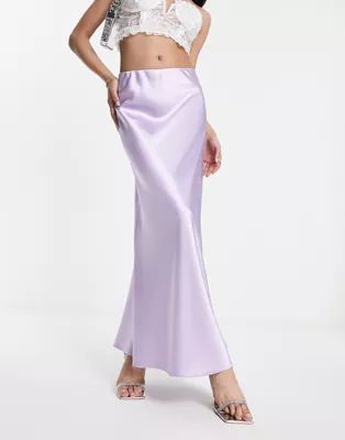 Miss Selfridge satin bias maxi skirt in lilac | ASOS (Global)