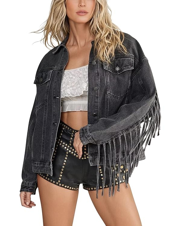 Omoone Women's Oversized Denim Fringed Jacket Tassel Jean Jackets Cowgirl Western Country Concert... | Amazon (US)