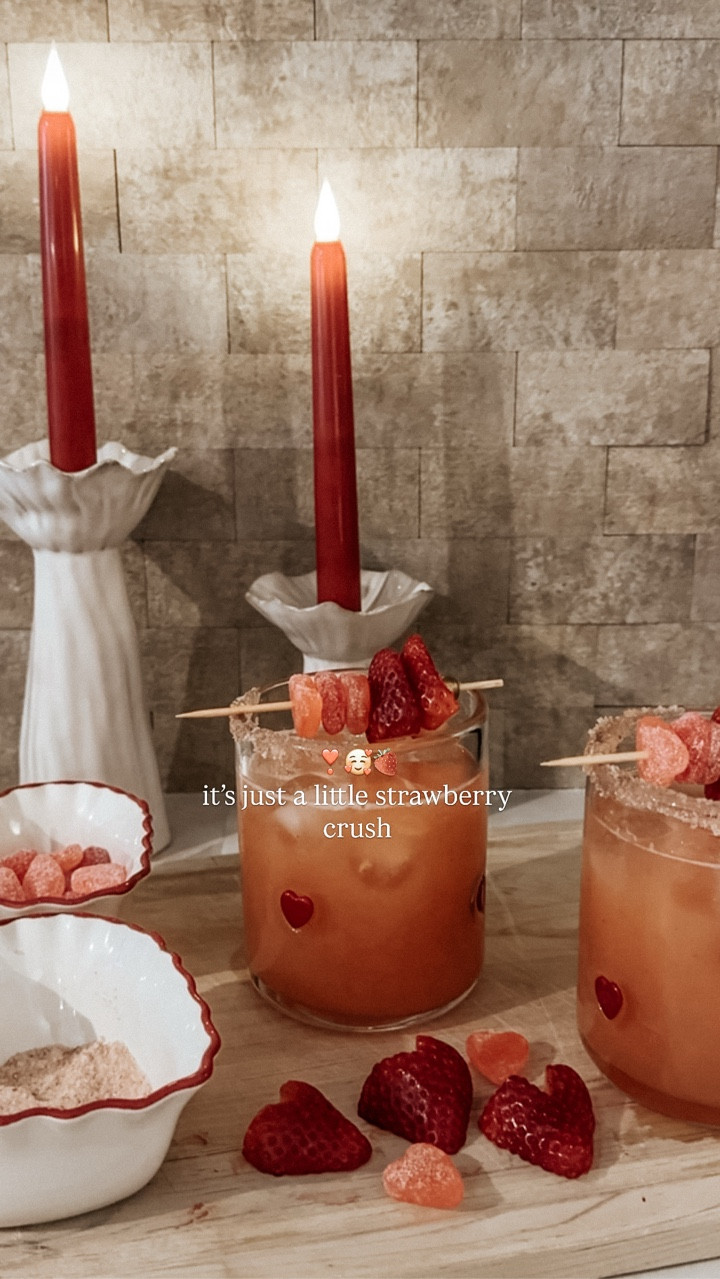 a cocktail your gals & valentines will be crushing on 🥰🍓

Strawberry Crush Cocktail 🍓
• 2 oz tequila (skip for Mocktail)
• 5 oz @nataliesoj Natalie’s strawberry lemonade (6-7 oz for mocktail)
• 1 oz fresh lime juice
• pink salt or sugar rim
• heart strawberry + @sourpatchkids candy heart skewer



#valentineday #galentines #mocktail #cocktail #galentinesday

#LTKValentine #LTKfoodie #LTKHome