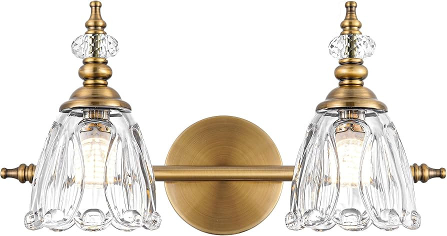 Brass Vanity Light, Farmhouse Brushed Gold Bathroom Light Fixtures, 2 Light Vanity Lights, Flower... | Amazon (US)
