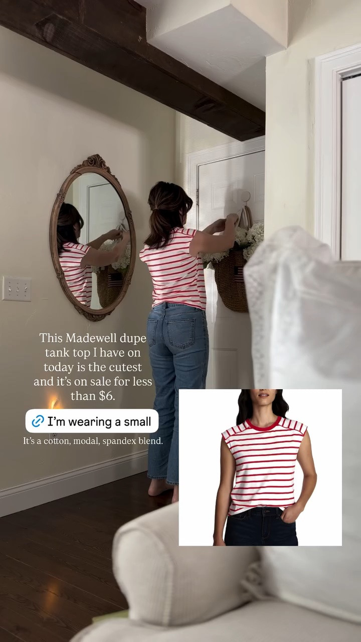 It’s a cotton, modal, spandex blend. This Madewell dupe tank top I have on today is the cutest and it’s on sale for less than $6.