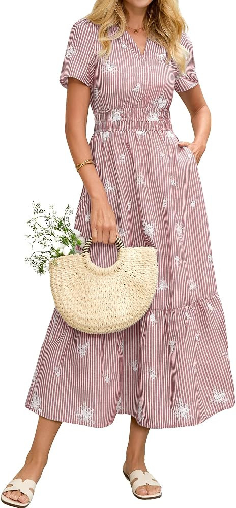 Simplee Womens Striped Maxi Summer Dress Casual Embroidery V Neck Boho Dress Wedding Guest Dresse... | Amazon (US)