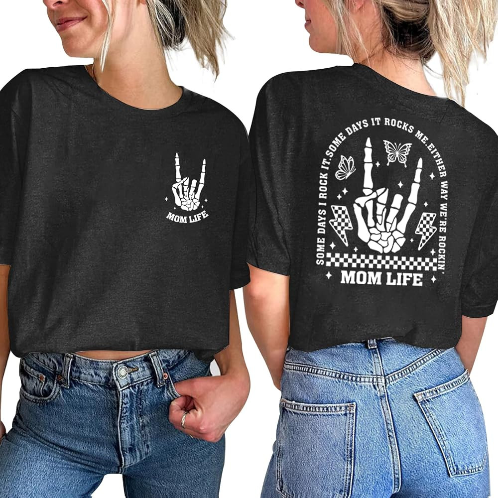 Mama Shirts for Women Mom Shirt Funny Mama Skeleton Rocker Graphic Tee | Amazon (US)