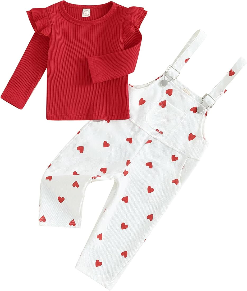 KMBANGI Toddler Girls Valentine's Day Outfits Ruffle Heart Print Long Sleeve Tops Suspender Pants... | Amazon (US)