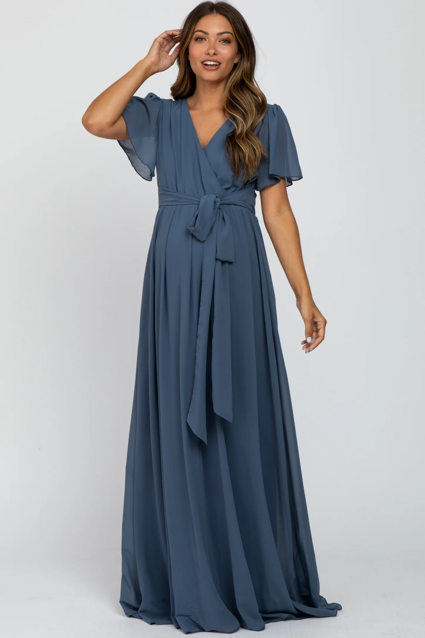 Blue Chiffon Short Sleeve Maternity Maxi Dress | PinkBlush Maternity
