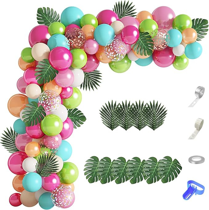 124Pcs Tropical Balloons Arch Garland Kit, Green Hot Pink Rose Gold Confetti Balloons Palm Leaves... | Amazon (US)