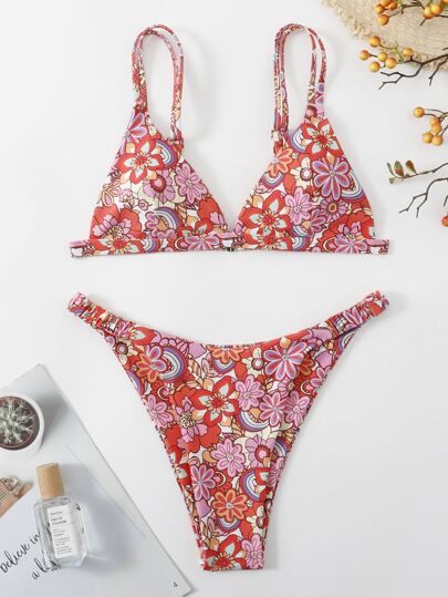 Random Floral Print Triangle Thong Bikini Swimsuit | SHEIN