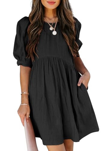 Dokotoo Womens 2026 Casual Summer Crewneck Bubble Sleeve Empire Waist Cute Dress Elegant Loose Tunic Flowy Mini Babydoll Dresses with Pockets Black Medium | Amazon (US)