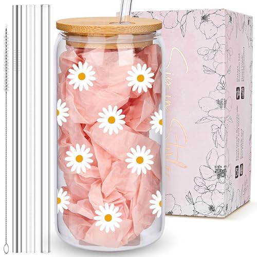 Cute Glass Cups with Lids and Straws, Daisy Design Iced Coffee Cup, Aesthetic Mug Tumbler for Women, Flower Drinking Glasses, Birthday Valentines Christmas Mothers Day Coffee Lover Gifts for Women | Amazon (US)
