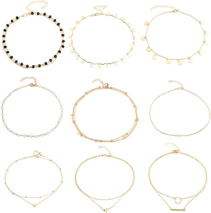 Gold Star Pearl Choker Necklace -4 Pieces Set Dainty Pendant Handmade Necklace for Women Girls ... | Amazon (US)