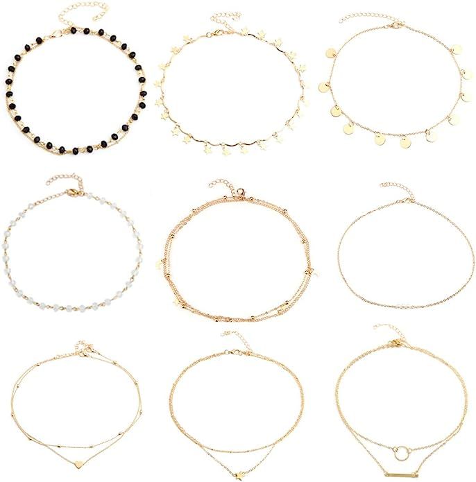 Gold Star Pearl Choker Necklace -4 Pieces Set Dainty Pendant Handmade Necklace for Women Girls ... | Amazon (US)