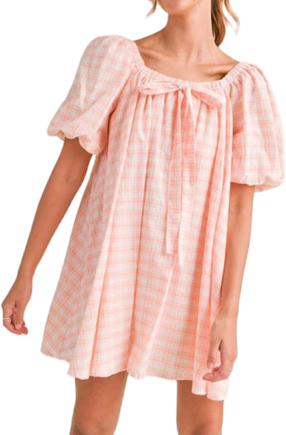 Women Puff Sleeve Babydoll Dress Square Neck Flowy Mini Dress Bow Tie Ruffle A Line Short Dress S... | Amazon (US)