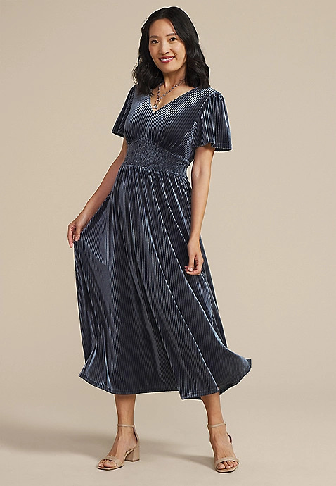Blue Ribbed Velvet Smocked Midi Dress | Maurices
