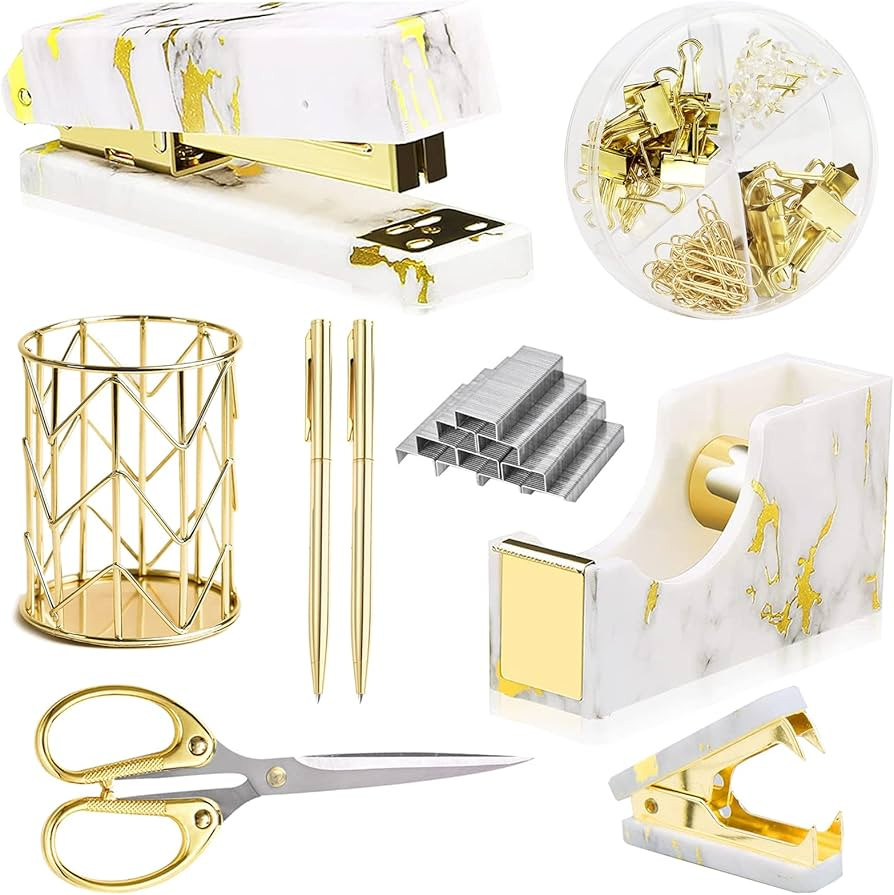 Gold Marble Desk Accessories, Office Supplies Set Stapler Set Staple Remover, Tape Holder, Pen Ho... | Amazon (US)