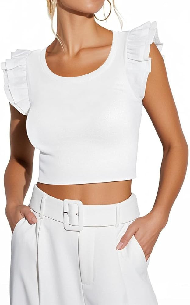 Ezbelle Women's Summer Tops Ruffle Shirts Ribbed Knit Crop Tank Top Sexy Sleeveless Blouse 2026 | Amazon (US)