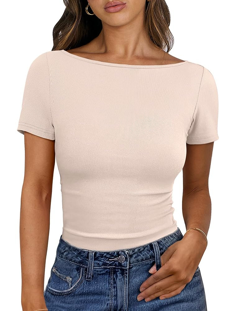 ANRABESS Women Boat Neck Tops Short Sleeve T-Shirts Ribbed Knit Tight Fitted Basic Tees Shirts 20... | Amazon (US)