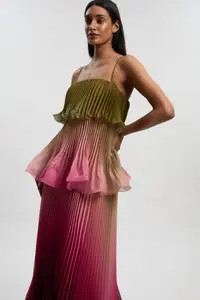 Pleated Slub Organdie Peplum Woven Maxi Dress | Karen Millen