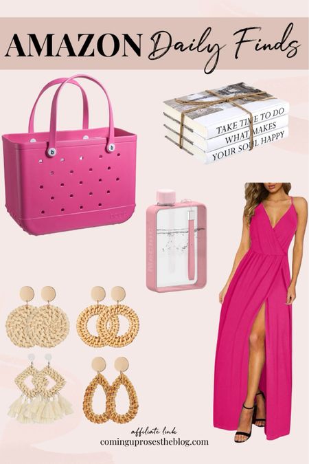 Amazon summer finds! 

Large waterproof beach bag // book stack decor // pink maxi dress with slit for wedding guest // 4 pack woven raffia earrings // packable water bottle 

#LTKSeasonal #LTKItBag #LTKHome