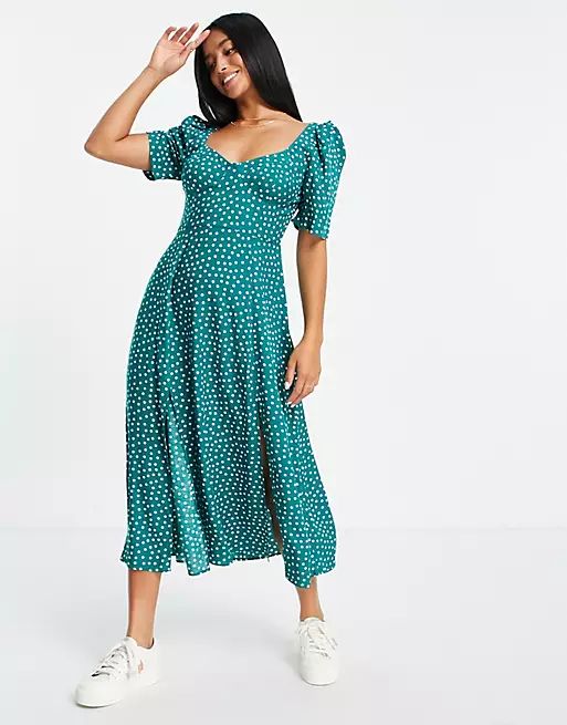 ASOS DESIGN Petite cupped maxi dress with slits in green white spot print | ASOS (Global)