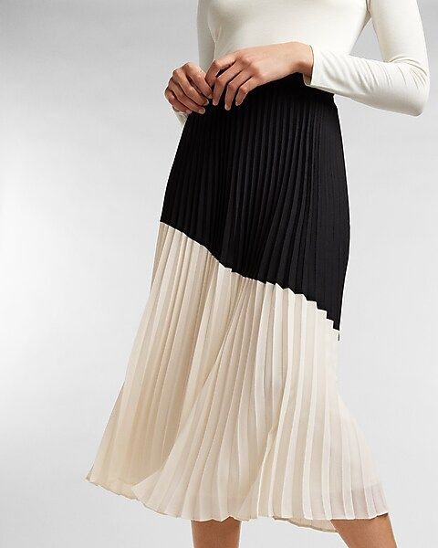 High Waisted Pleated Color Block Midi Skirt | Express