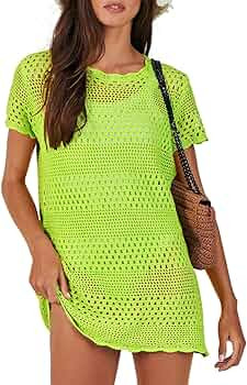 ANRABESS Women Swimsuit Crochet Swim Cover Up Summer Bathing Suit Swimwear Knit Short Sleeve Pull... | Amazon (US)