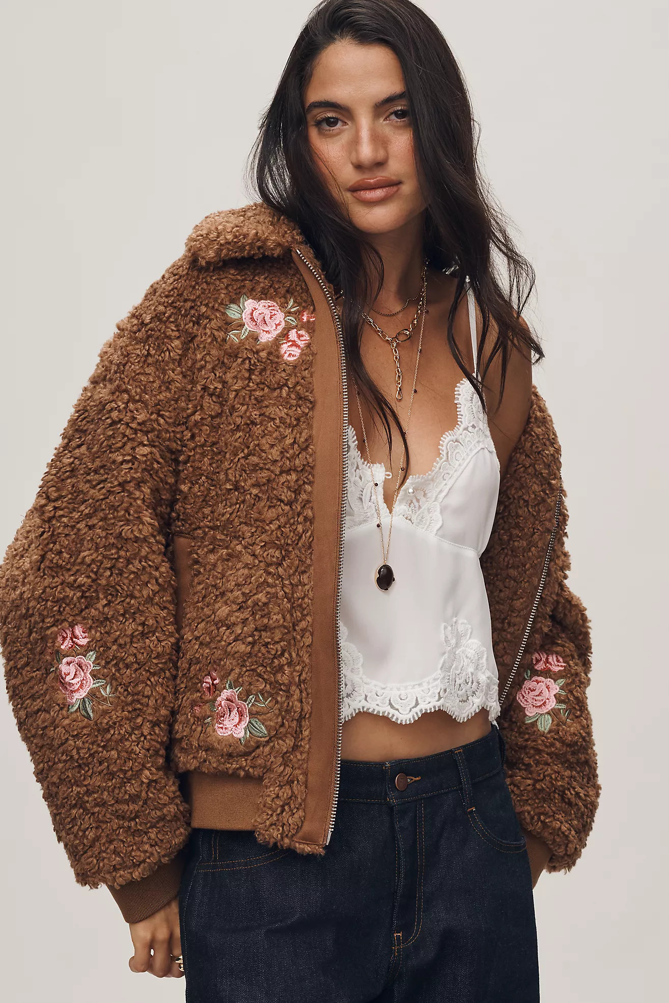 By Anthropologie Floral Embroidered Sherpa Bomber Jacket | Anthropologie (US)