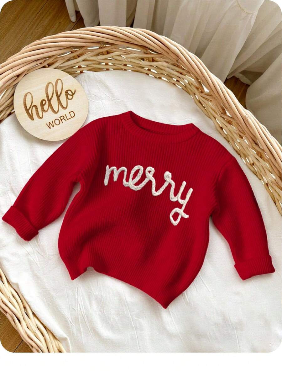 SHEIN Baby Girl Christmas Casual Simple Letter Print Loose Fit Crew Neck Long Sleeve Sweater, Sui... | SHEIN